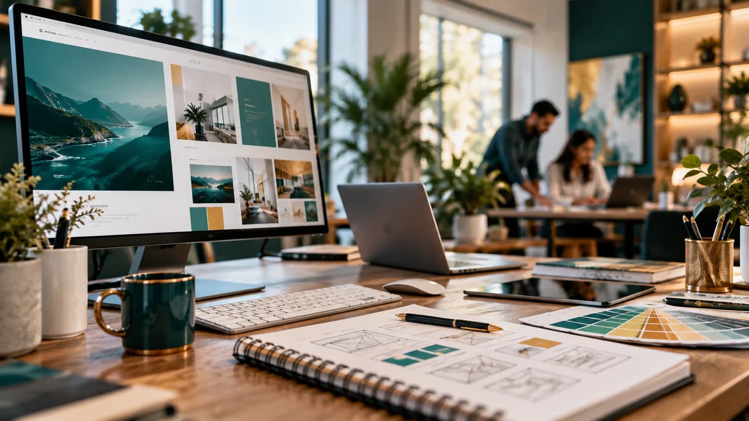 Creative studio workspace with website design on a monitor, sketchbooks and color palettes